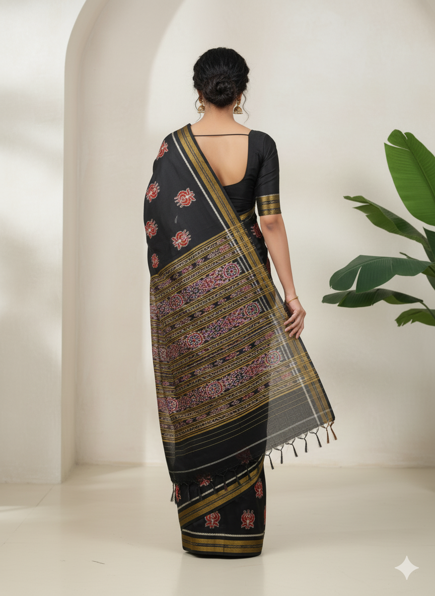 Black Lotus Design Khandua Silk Saree