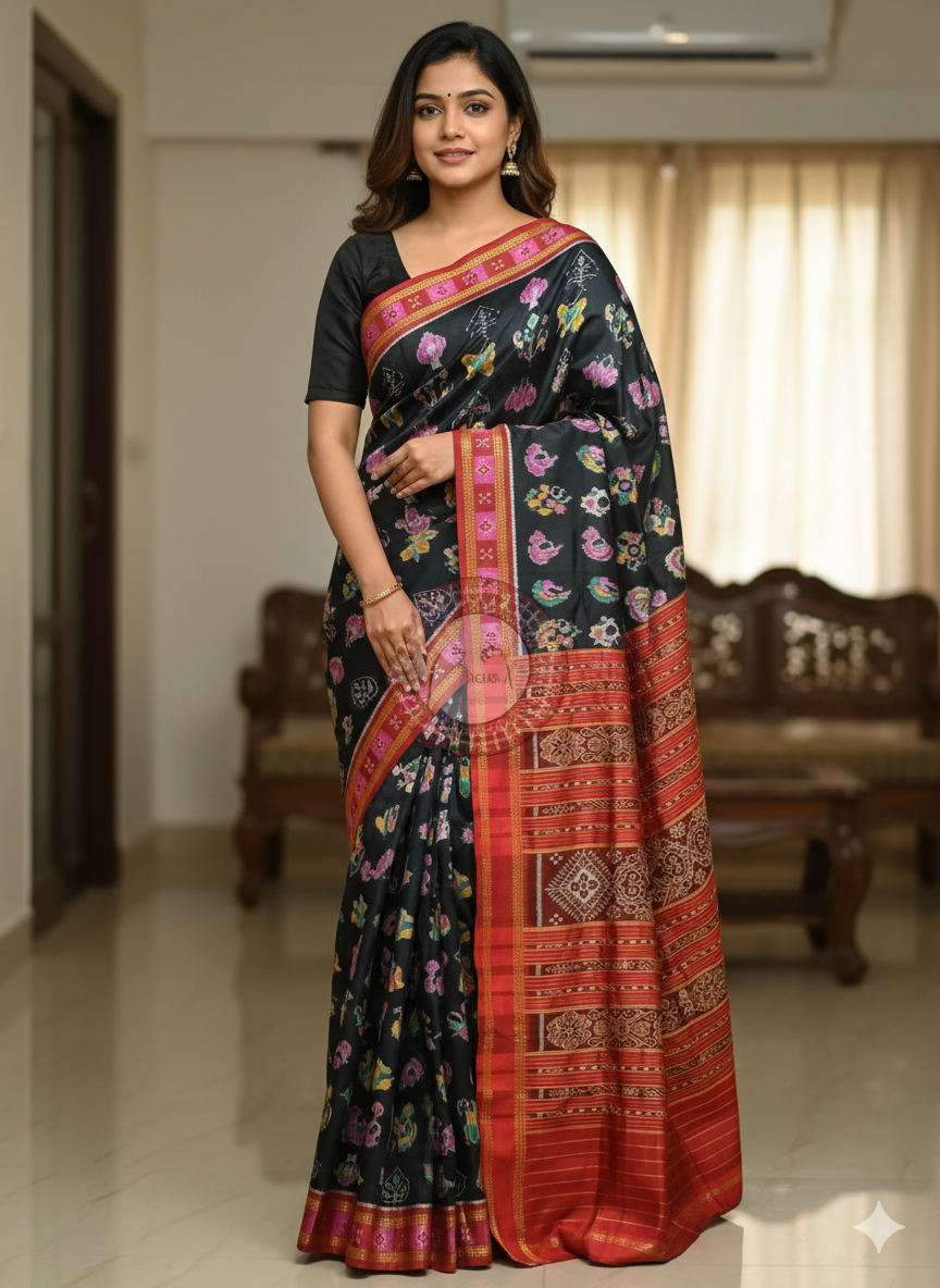 Black Red Pasapali Border Nabakothi Design Khandua Silk Saree