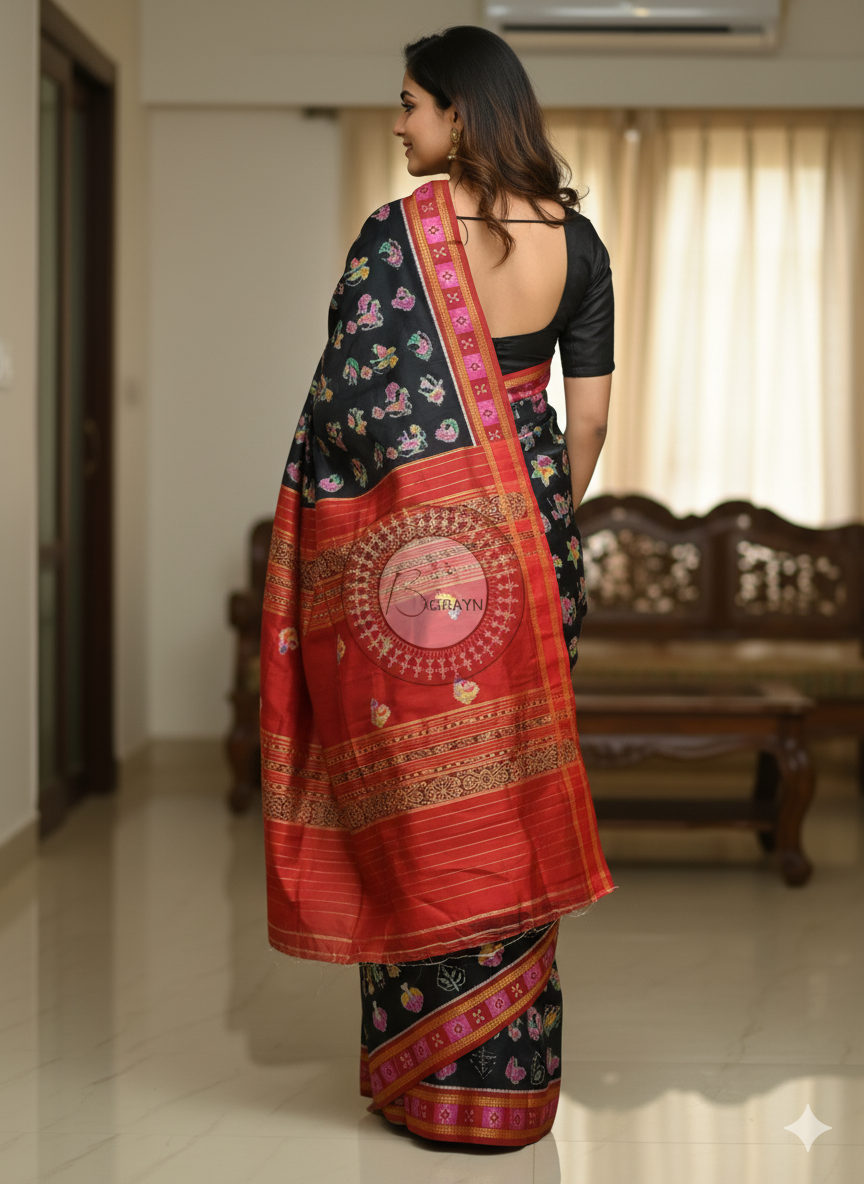 Black Red Pasapali Border Nabakothi Design Khandua Silk Saree