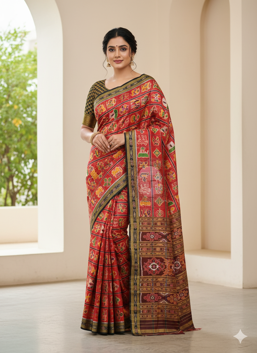 Red Black Nabakothi Design Khandua Silk Saree