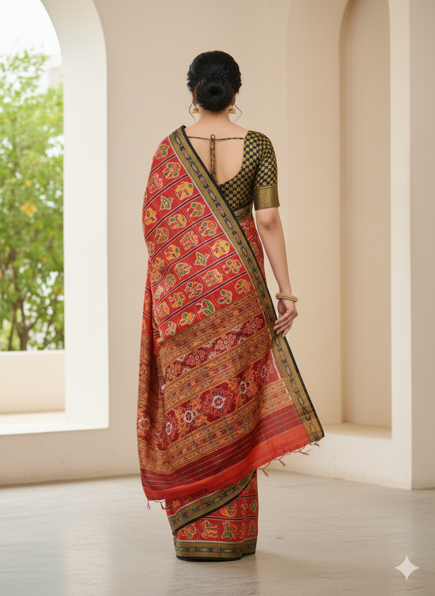 Red Black Nabakothi Design Khandua Silk Saree