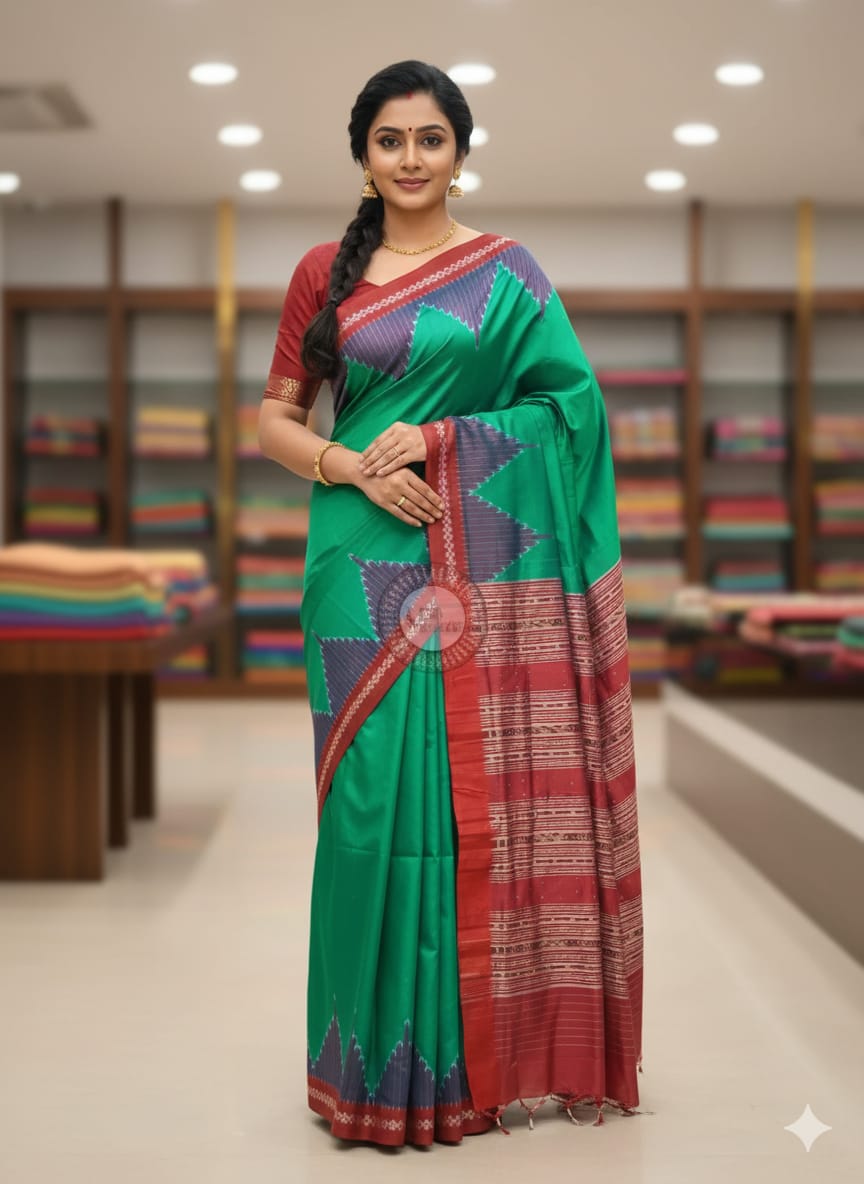 Sea Green Red Temple Design Mulberry Silk Saree