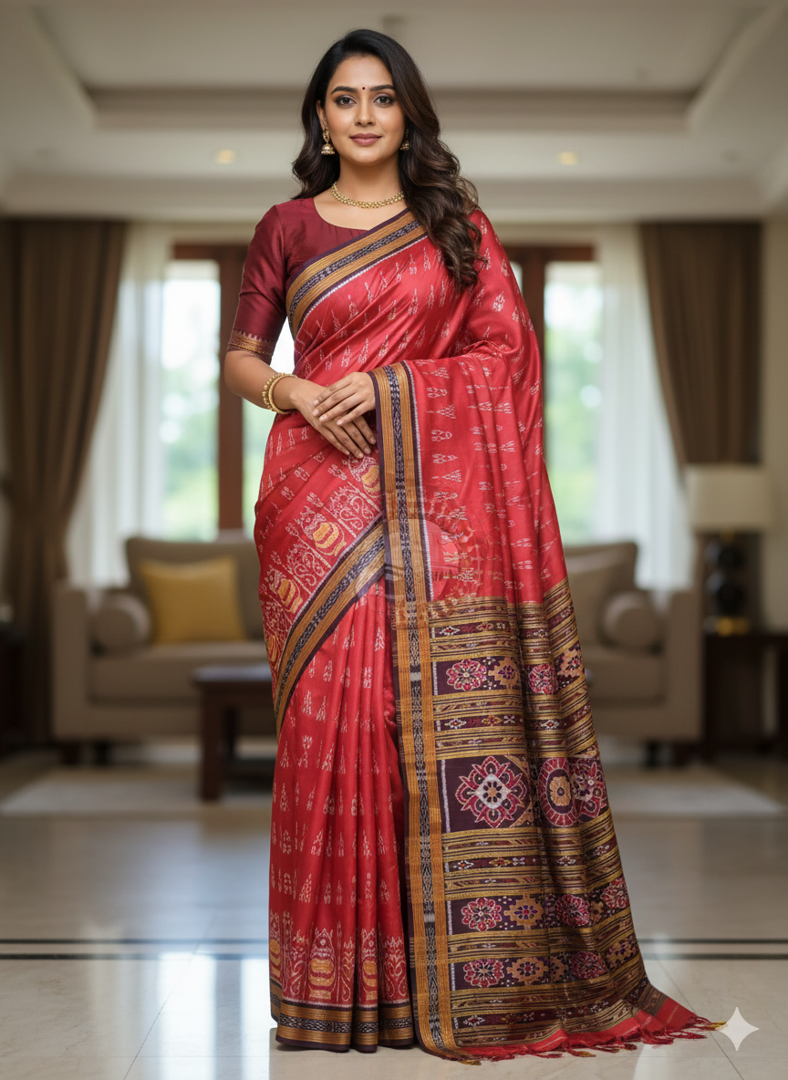 Maroon Coffee Laxmi Pada Chita Design Khandua Silk Saree