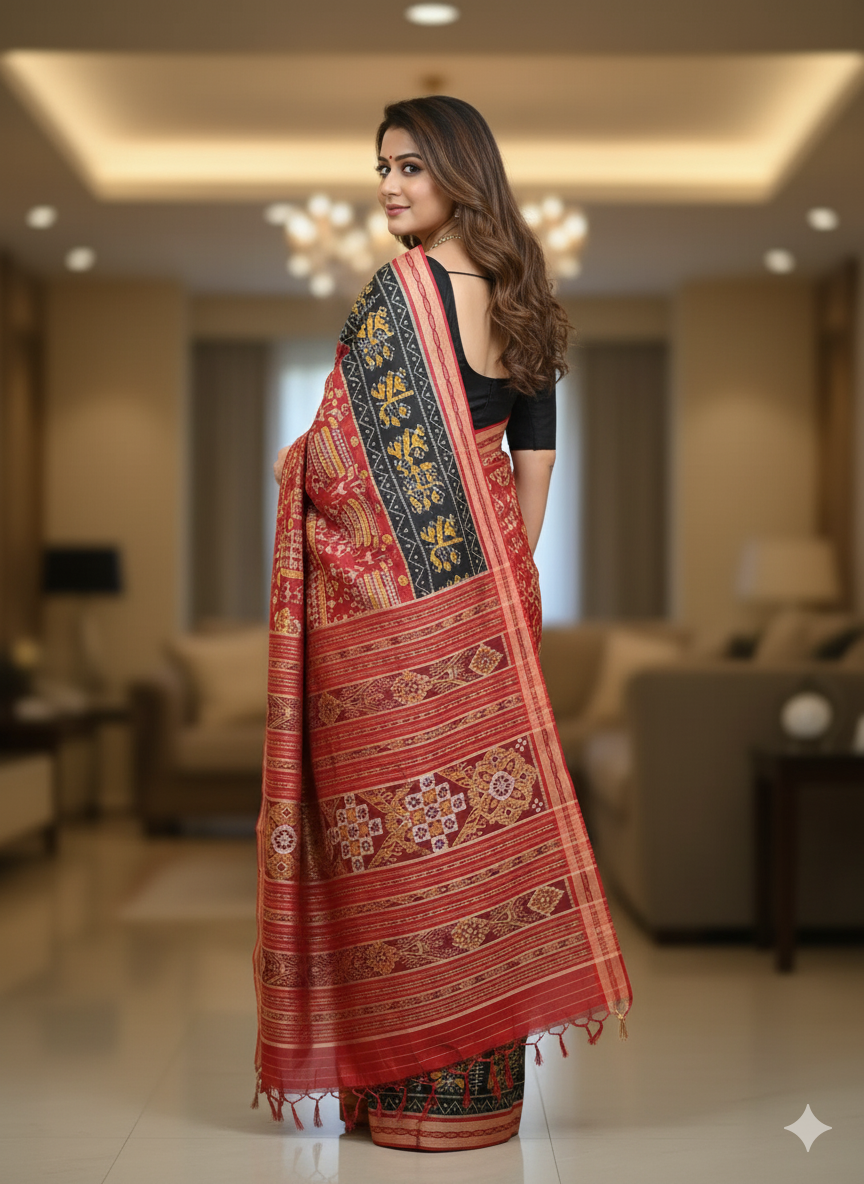 Maroon Black Tree And Tribal Design Khandua Silk Saree