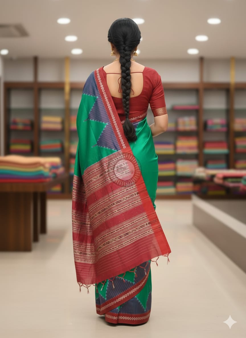 Sea Green Red Temple Design Mulberry Silk Saree