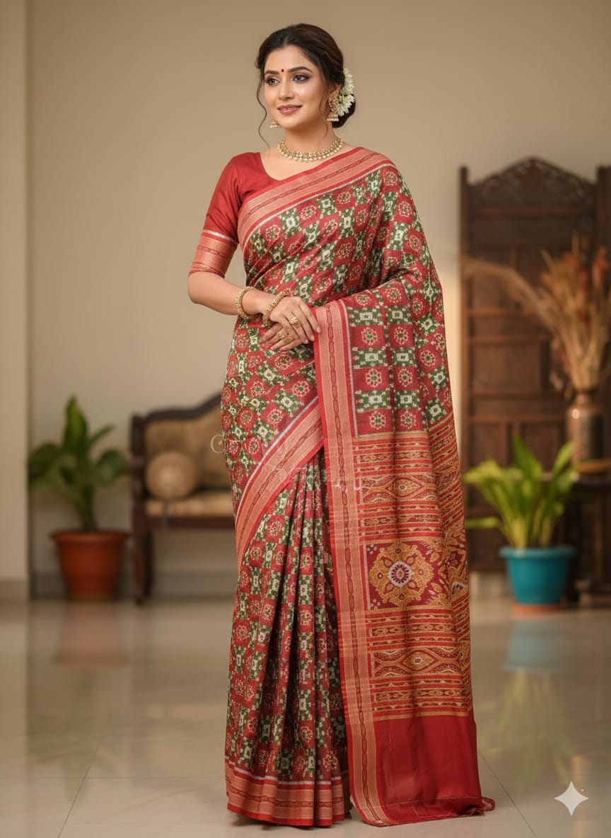 Green Red Pasapali With Flower Design Khandua Silk Saree