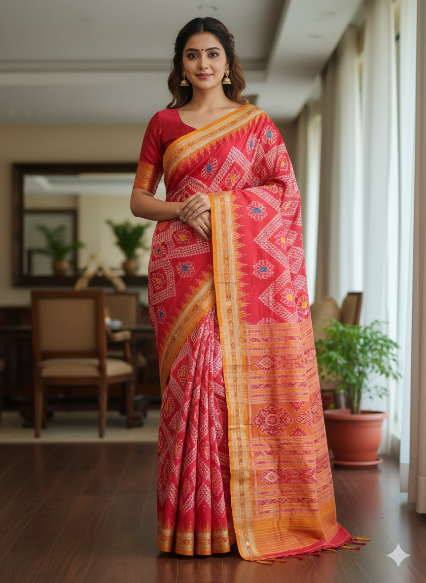 Magenta Rust Flower Design Khandua Silk Saree