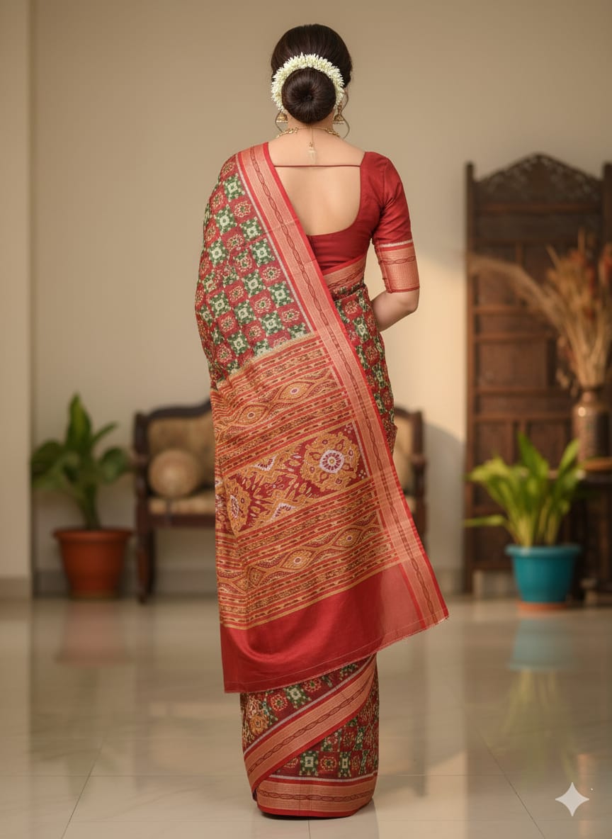 Green Red Pasapali With Flower Design Khandua Silk Saree
