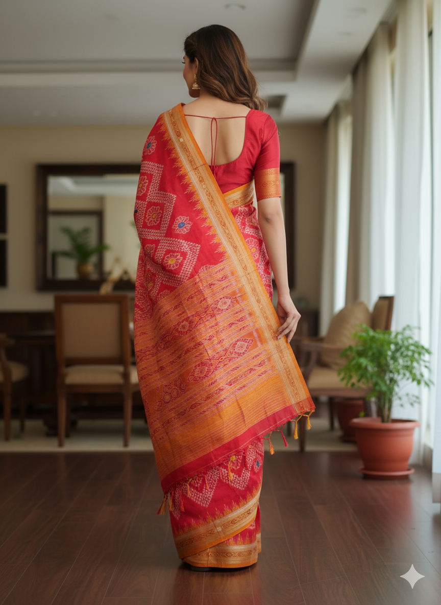 Magenta Rust Flower Design Khandua Silk Saree