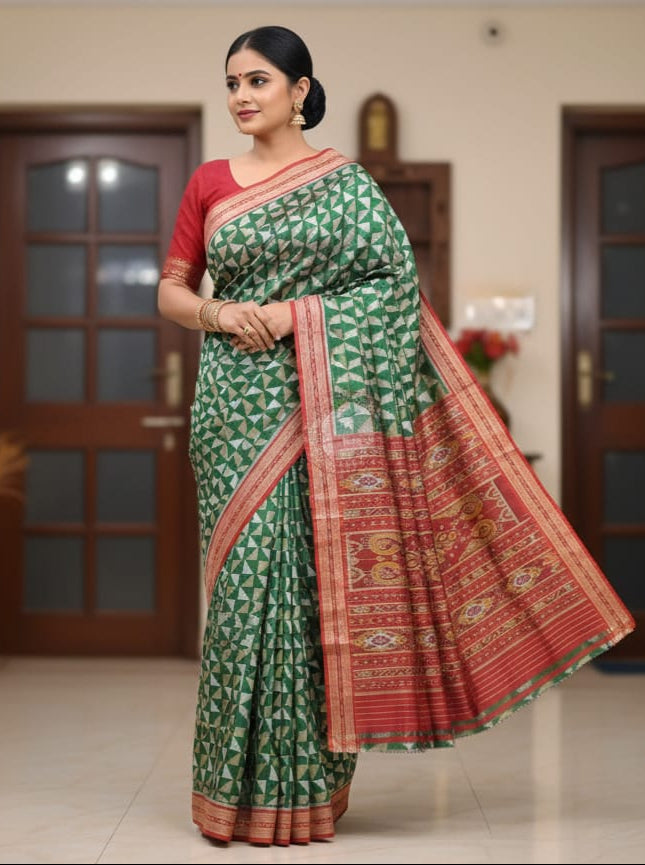 Green Red Triranga Design Khandua Silk Saree