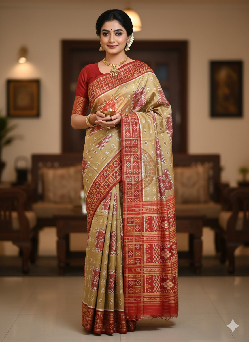 Olive Green Red Double Pasapali Border Design Khandua Silk Saree