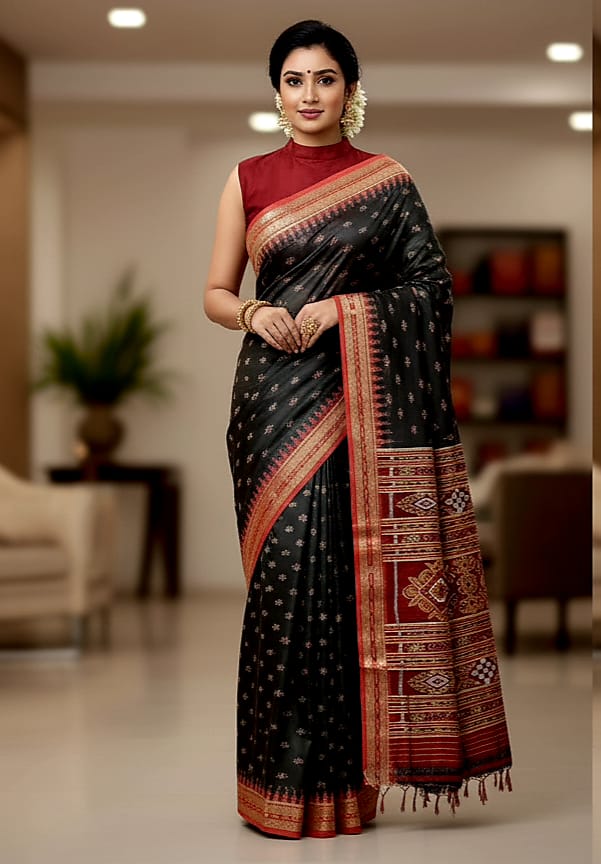 Black Maroon Flower Design Khandua Silk Saree