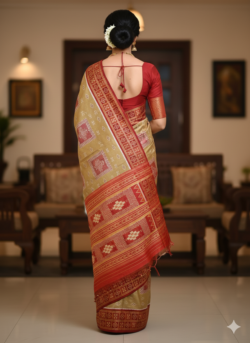Olive Green Red Double Pasapali Border Design Khandua Silk Saree