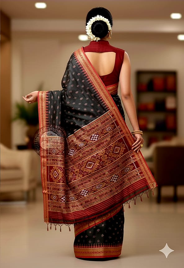 Black Maroon Flower Design Khandua Silk Saree