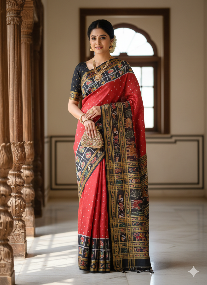 Maroon Black Scot Animal Design Khandua Silk Saree