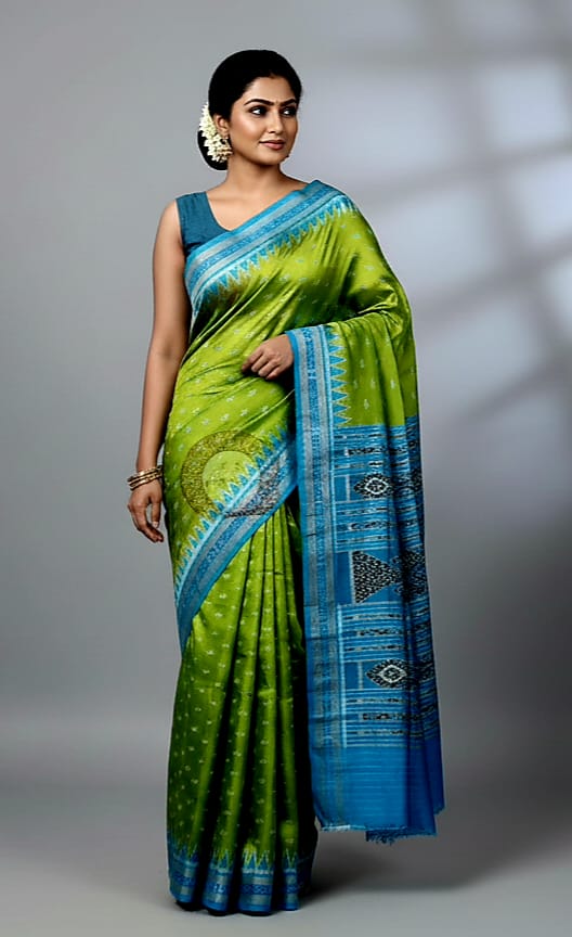 Parrot Green Copper Sulphate Mayur Chandrika Design Khandua Silk Saree