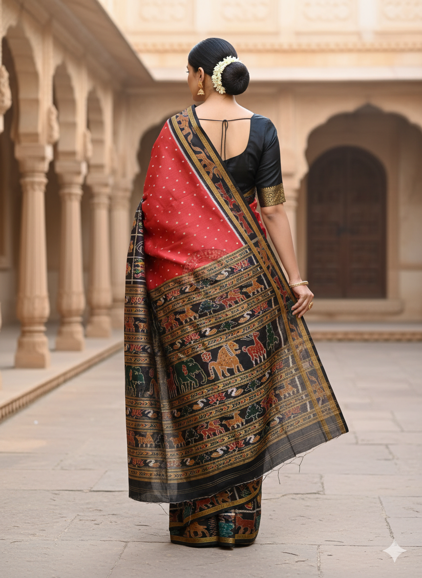Maroon Black Scot Animal Design Khandua Silk Saree