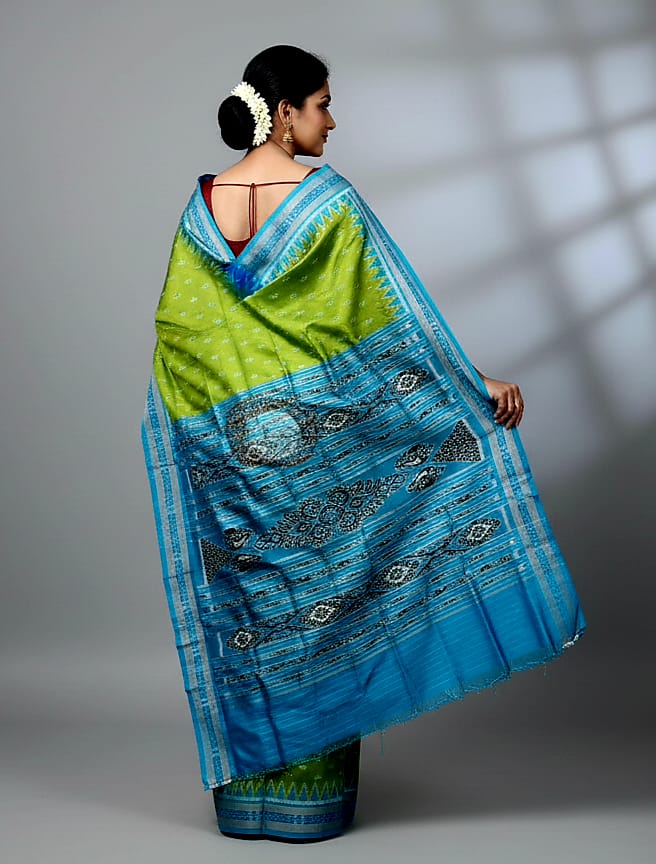 Parrot Green Copper Sulphate Mayur Chandrika Design Khandua Silk Saree