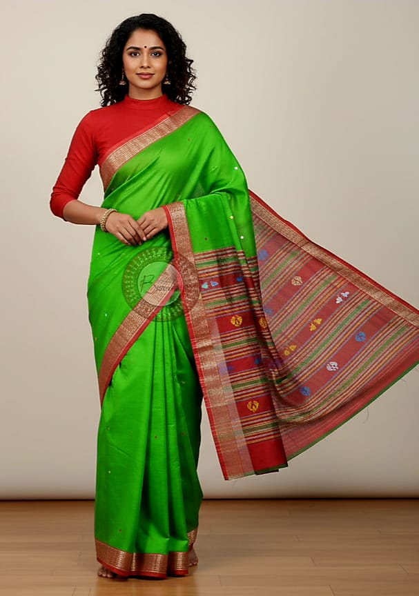Green Red Jalla Border Khandua Silk Saree