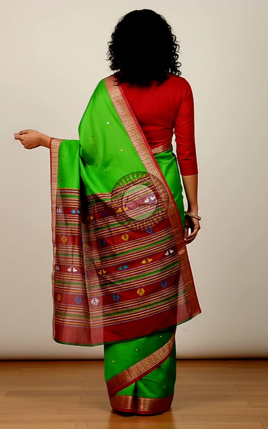 Green Red Jalla Border Khandua Silk Saree