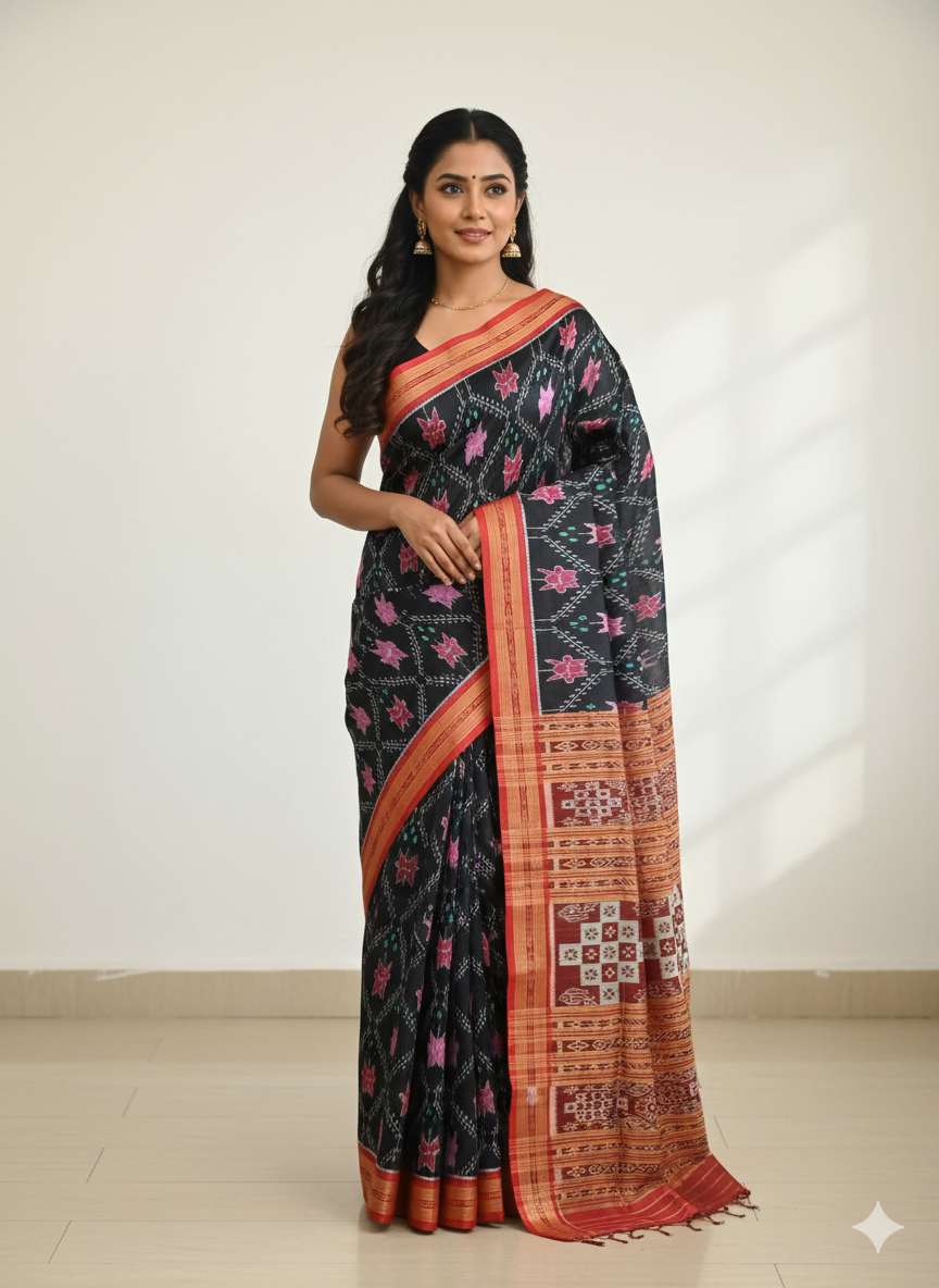Black Red Lotus Design Khandua Silk Saree