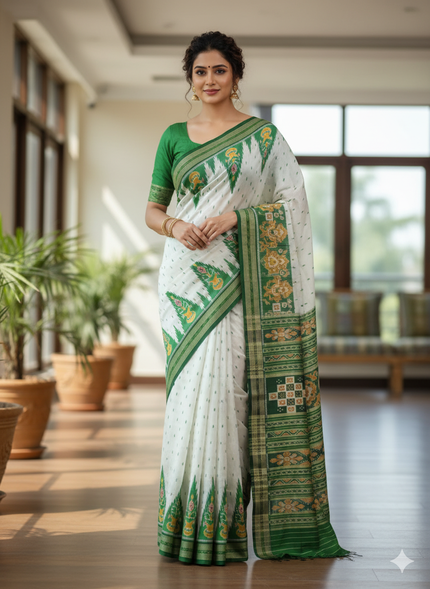 White Green Kumbha Design Khandua Silk Saree