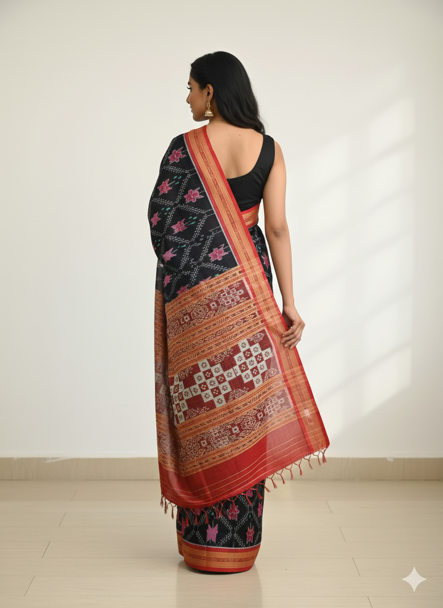 Black Red Lotus Design Khandua Silk Saree