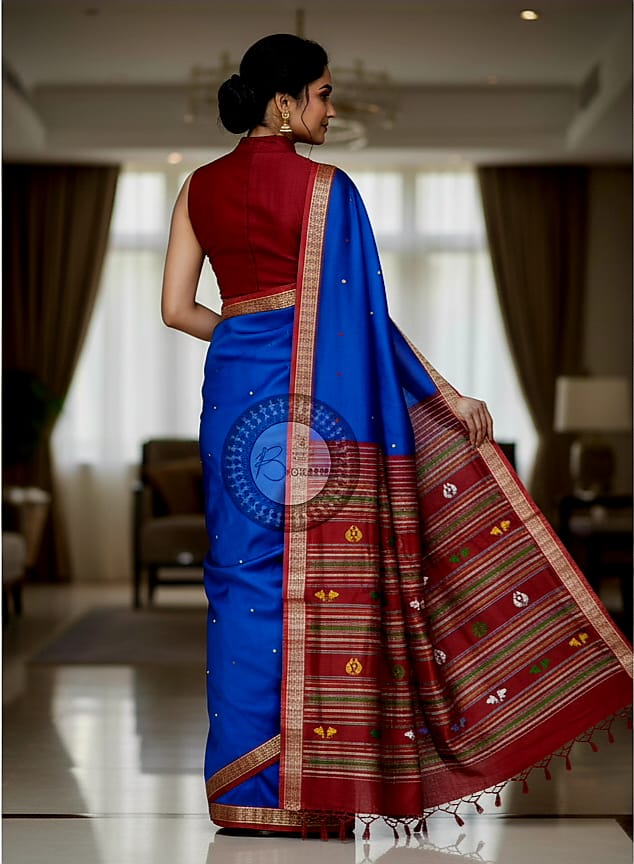 Blue Red Jalla Border Khandua Silk Saree