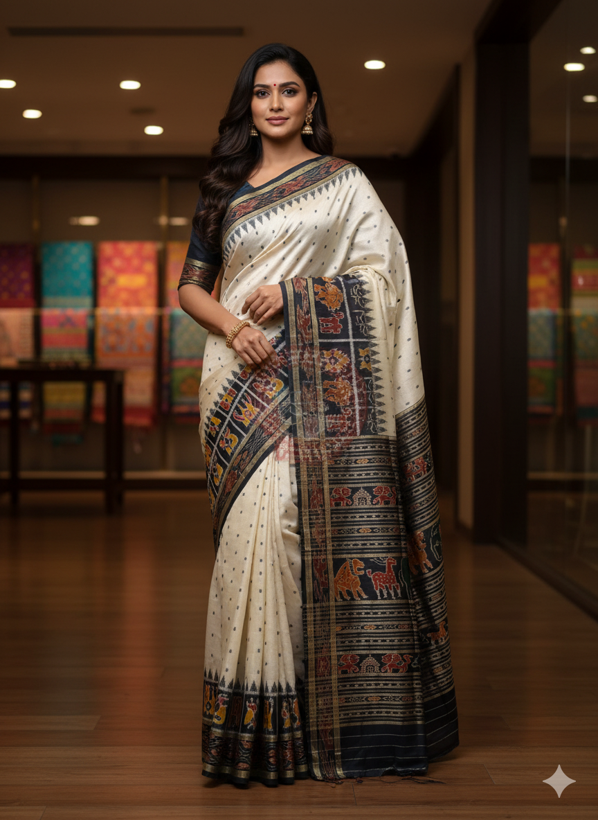 White Black Scot Animal And Kalashi Design Khandua Silk Saree