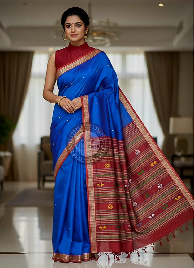 Blue Red Jalla Border Khandua Silk Saree