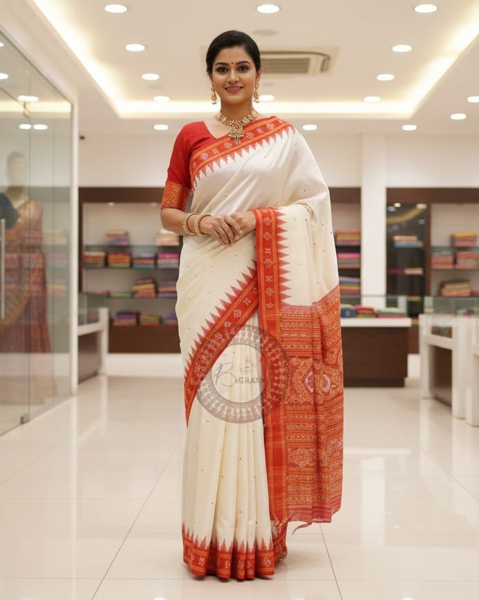 White Red Pasapali Border Khandua Silk Saree