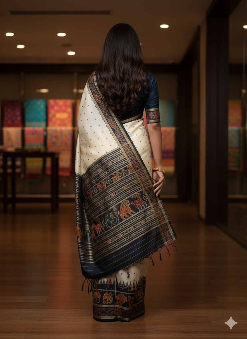 White Black Scot Animal And Kalashi Design Khandua Silk Saree