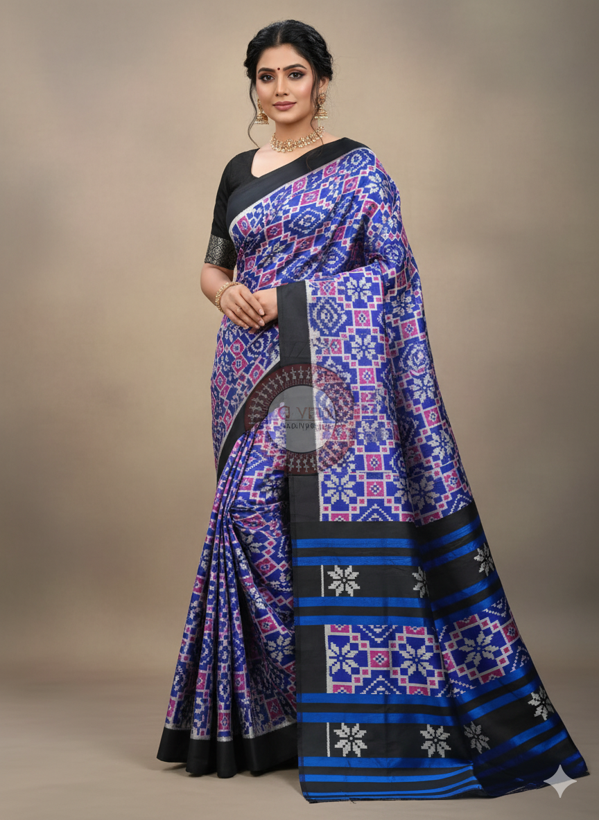 Blue Black Telia Rumal Design Khandua Silk Saree