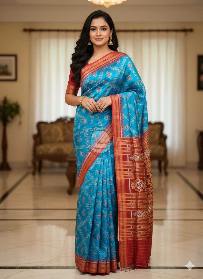 Copper Sulphate Maroon Tarabali Design Khandua Silk Saree