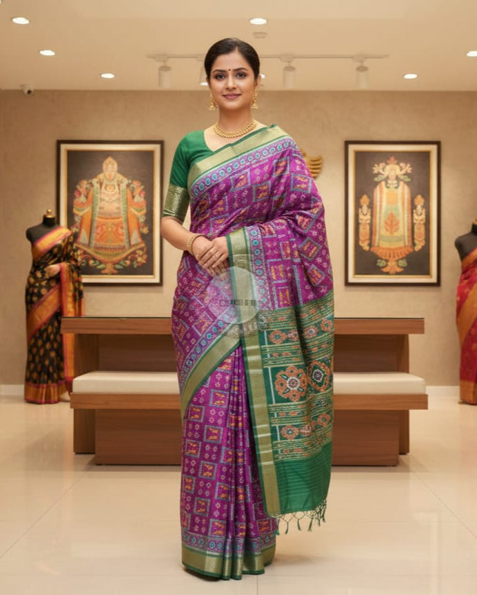 Purple Green Box Tribal Design Mulberry Silk Saree