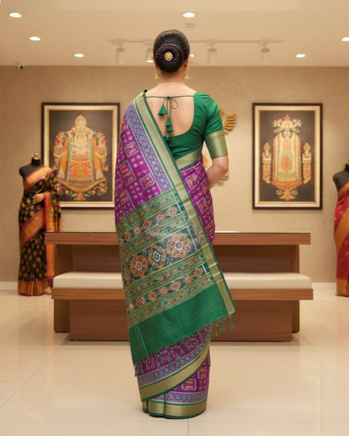 Purple Green Box Tribal Design Mulberry Silk Saree