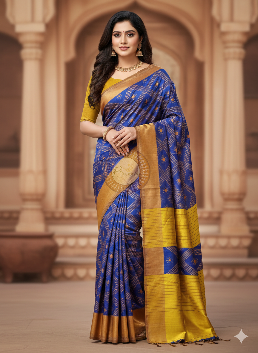 Blue Yellow Tarabali Design Khandua Silk Saree