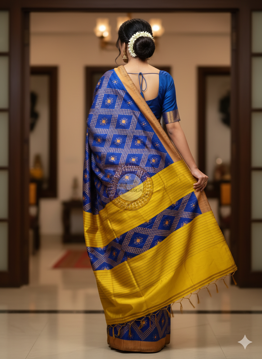 Blue Yellow Tarabali Design Khandua Silk Saree