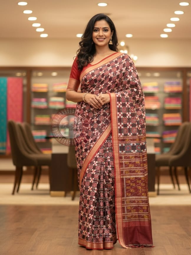 Coffee Red Pasapali With Flower Khandua Silk Saree