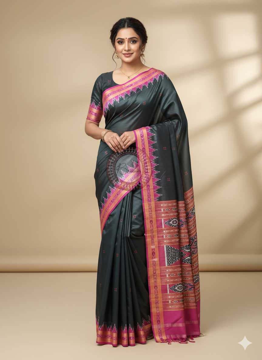 Black Magenta Buti Kumbha Khandua Silk Saree