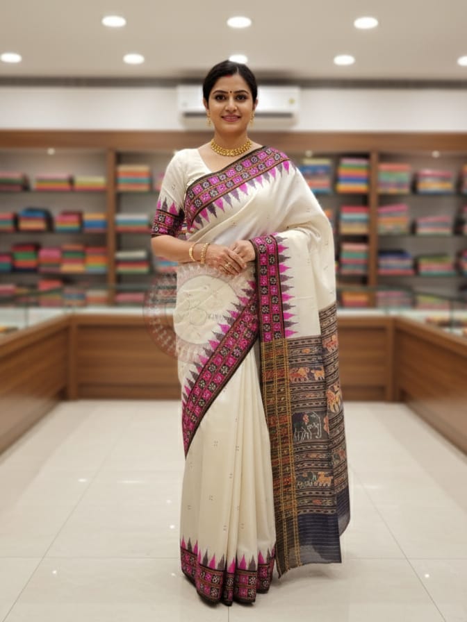 White Purple Double Pasapali Border Khandua Silk Saree