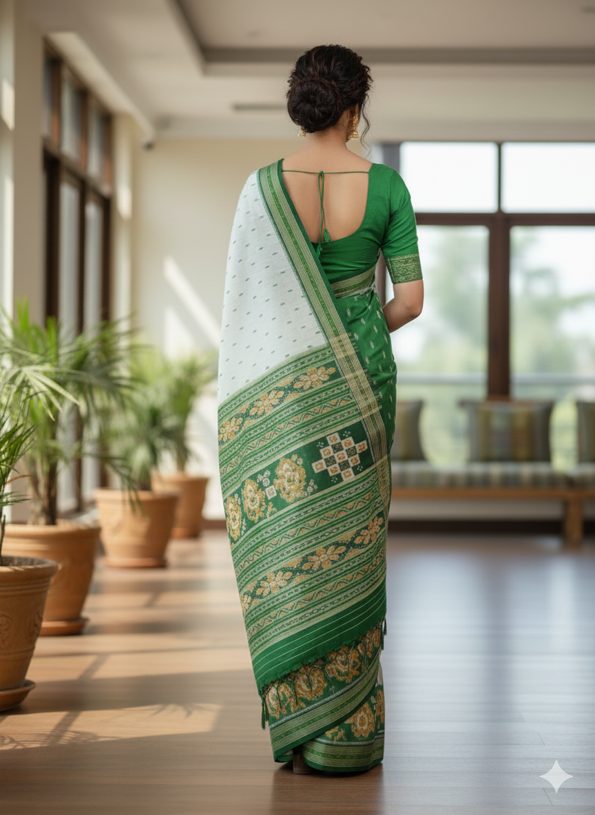 White Green Kumbha Design Khandua Silk Saree