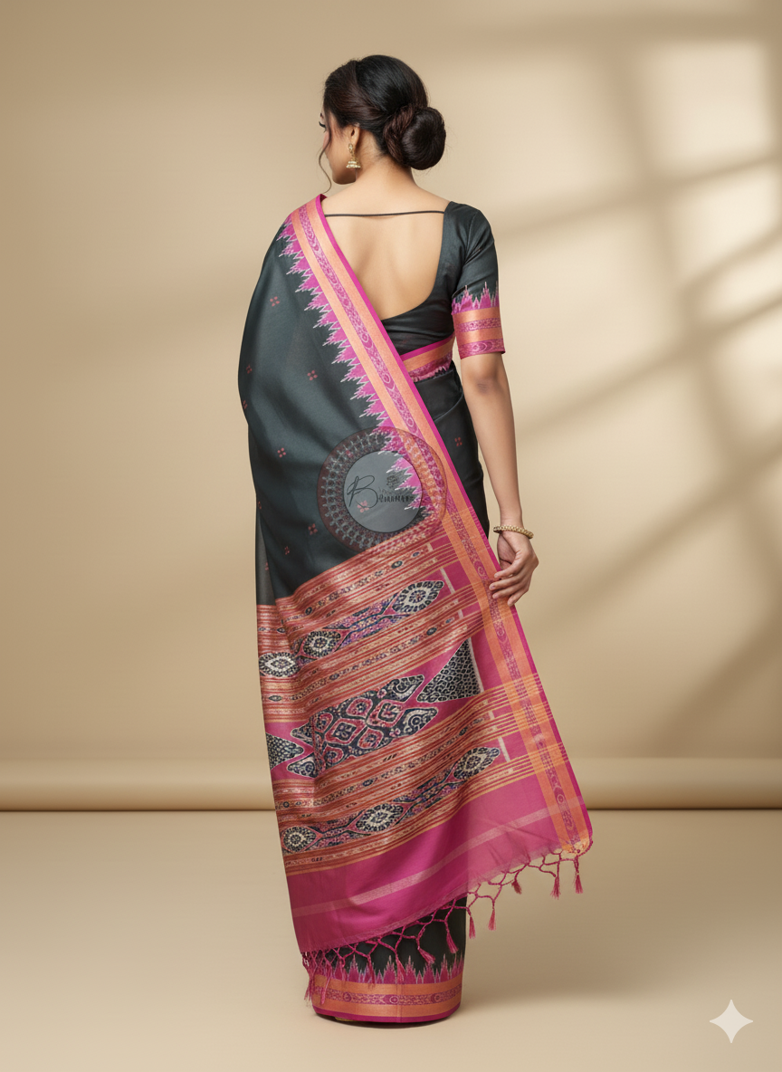 Black Magenta Buti Kumbha Khandua Silk Saree