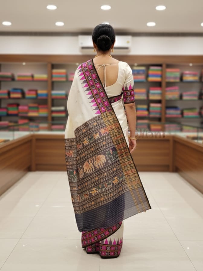 White Purple Double Pasapali Border Khandua Silk Saree