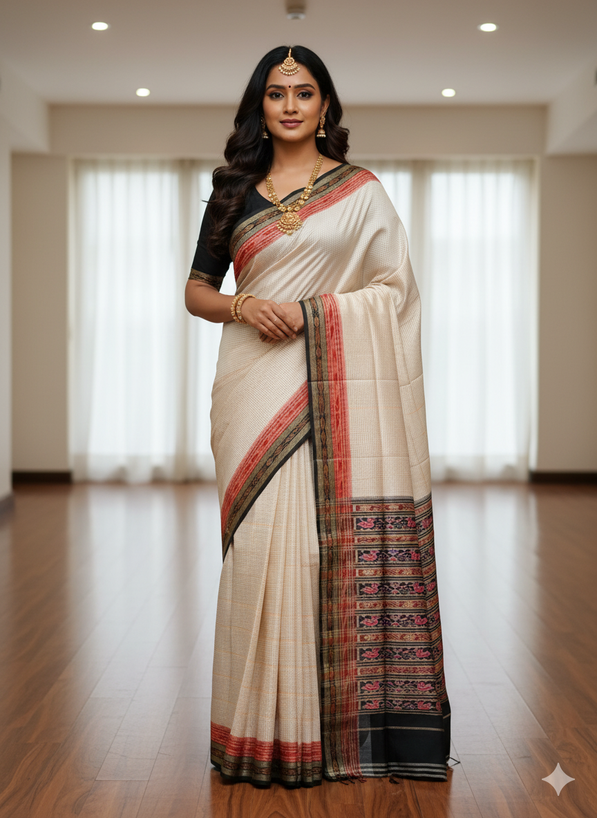 White Black Sachipar Khandua Silk Saree