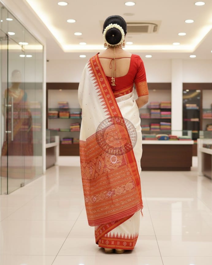 White Red Pasapali Border Khandua Silk Saree