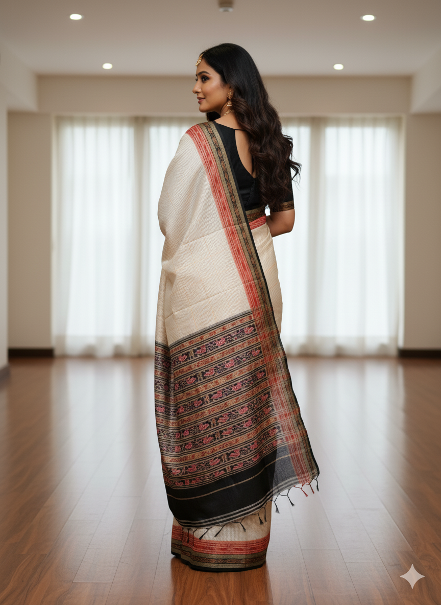 White Black Sachipar Khandua Silk Saree