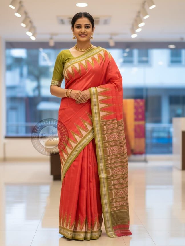 Red Mehendi Green Kumbha Khandua Silk Saree