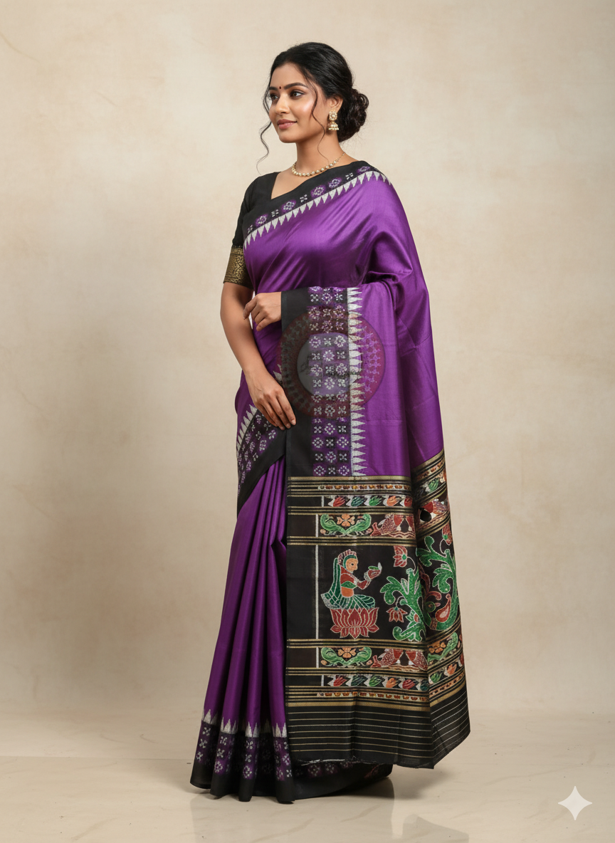 Purple Black Pasapali Border Khandua Silk Saree