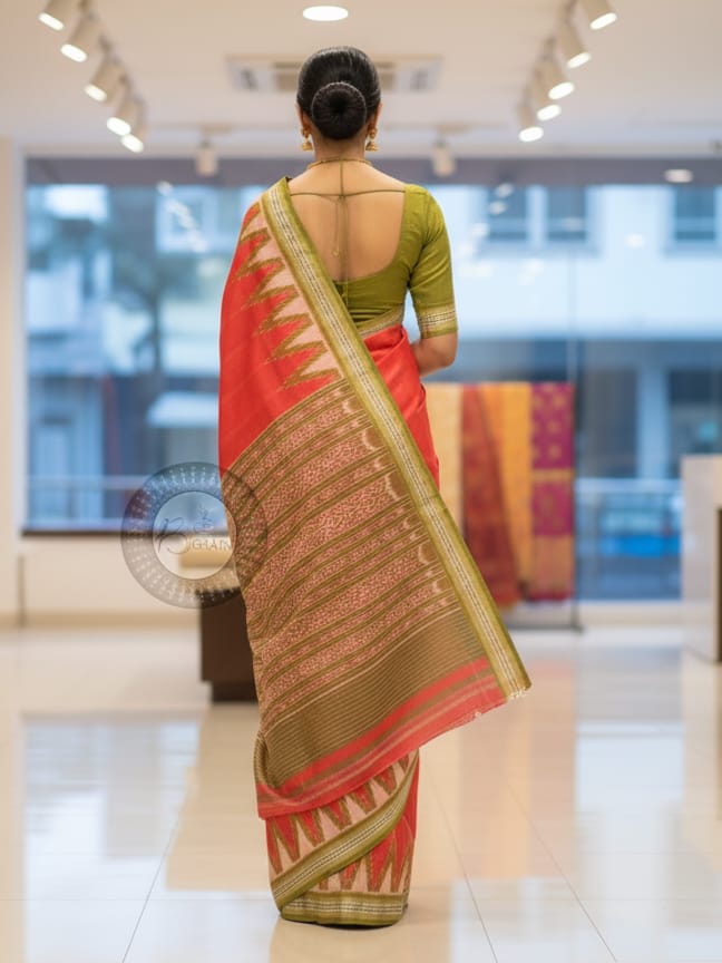 Red Mehendi Green Kumbha Khandua Silk Saree